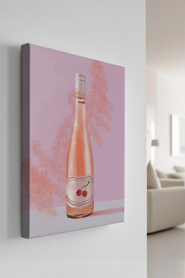 Illustrated wine bottle with a cherry label on pink background