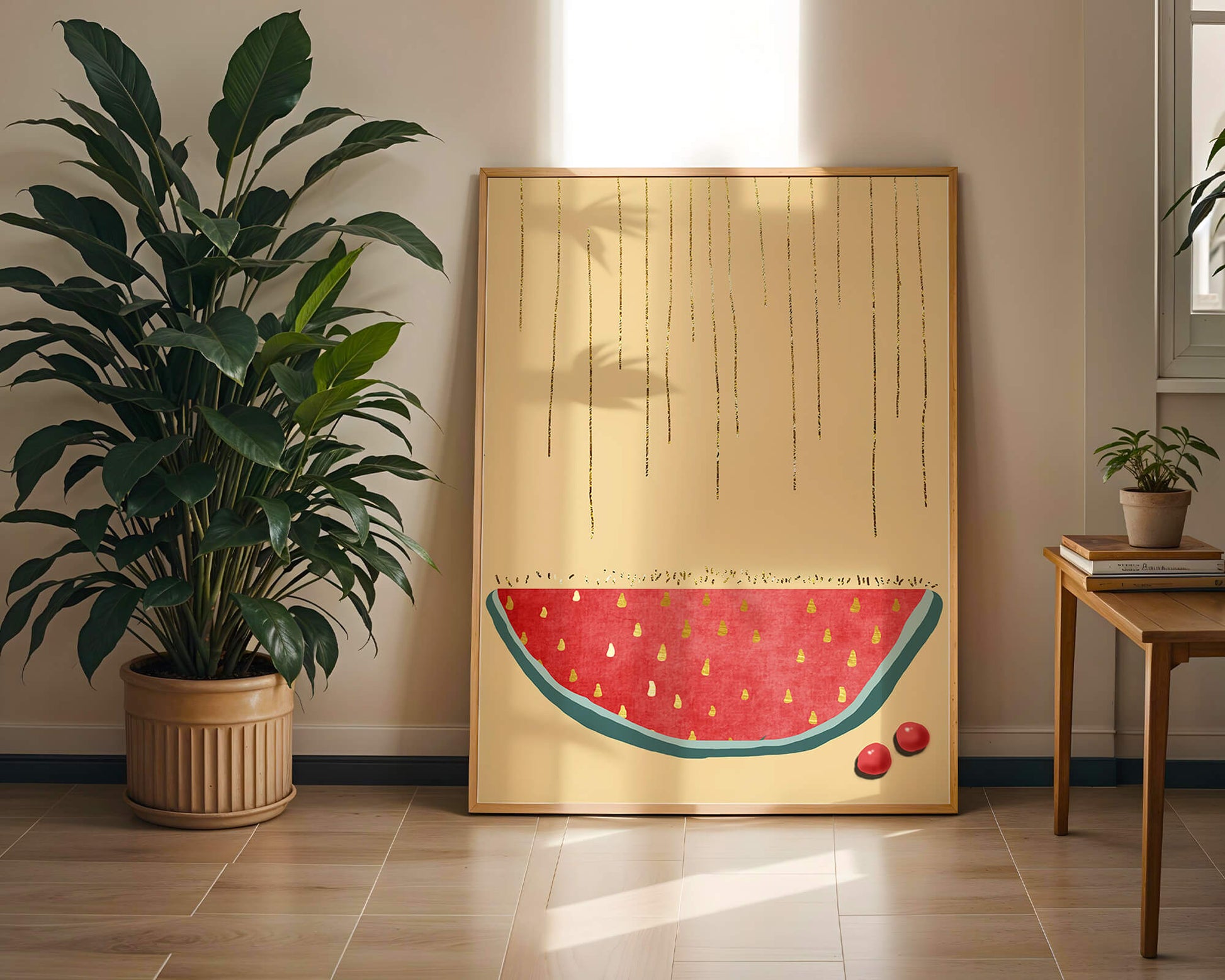 Abstract Watermelon Slice with Gold Accents on Minimalist Background