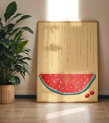 Abstract Watermelon Slice with Gold Accents on Minimalist Background