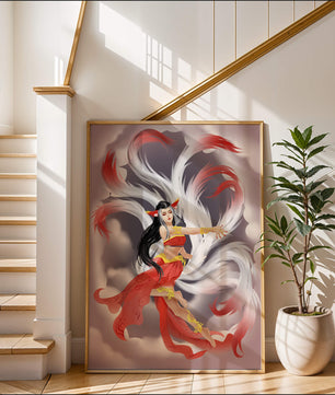 Graceful fantasy fox spirit with flowing tails and red attire in mystical clouds
