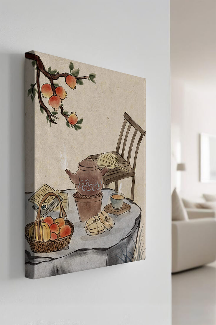 Watercolor painting of tea time setting with fruits and wooden chair