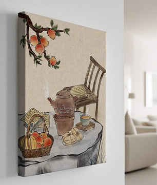 Peinture à l’aquarelle d’un moment de dégustation de thé avec des fruits et une chaise en bois