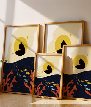 Ruhiges abstraktes Design mit Katzensilhouette und lebendiger Unterwasserszene