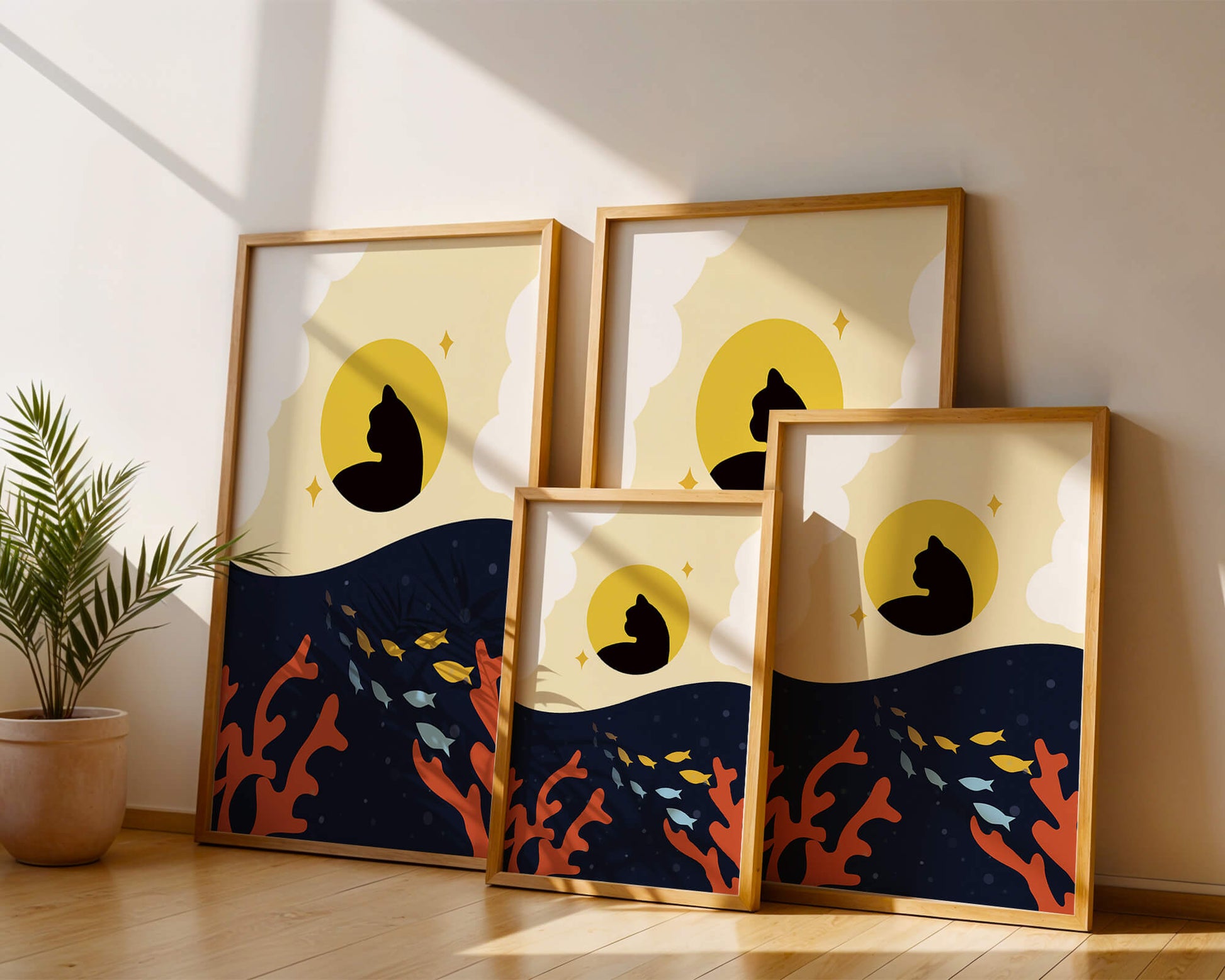 Ruhiges abstraktes Design mit Katzensilhouette und lebendiger Unterwasserszene