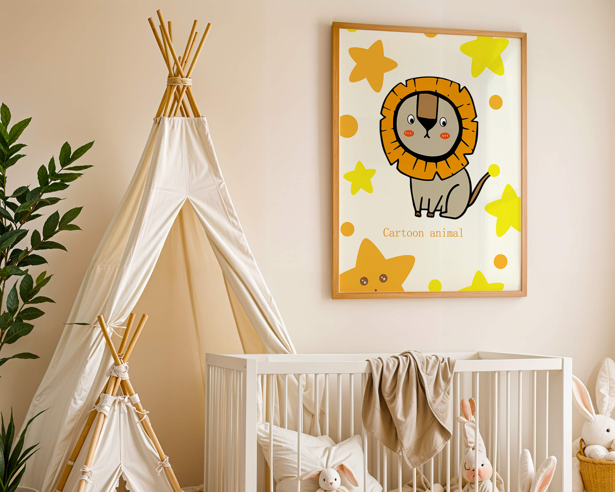 Cute cartoon lion illustration with stars for children's room