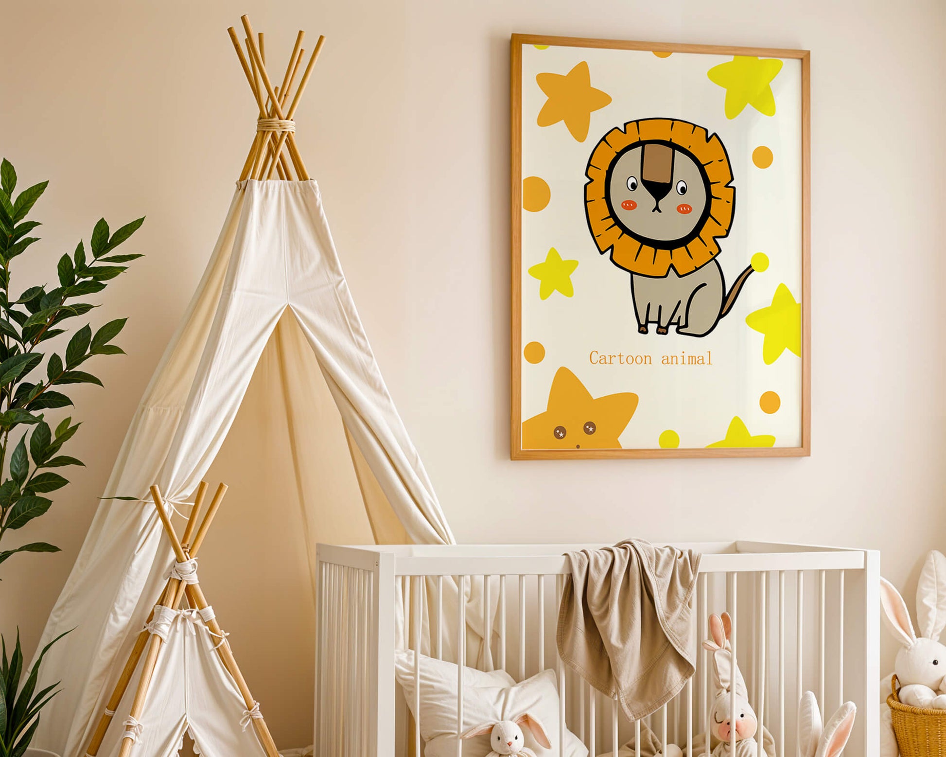 Cute cartoon lion illustration with stars for children's room