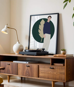 Illustration of a man standing with abstract leaf background