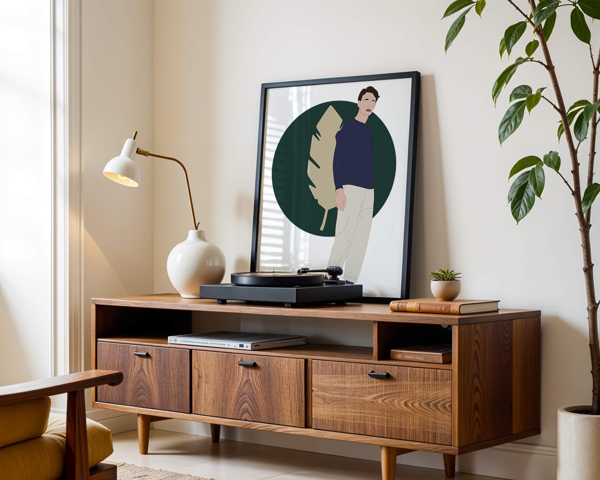 Illustration of a man standing with abstract leaf background