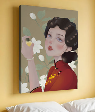 Captivating portrait of a woman in traditional attire with floral backdrop