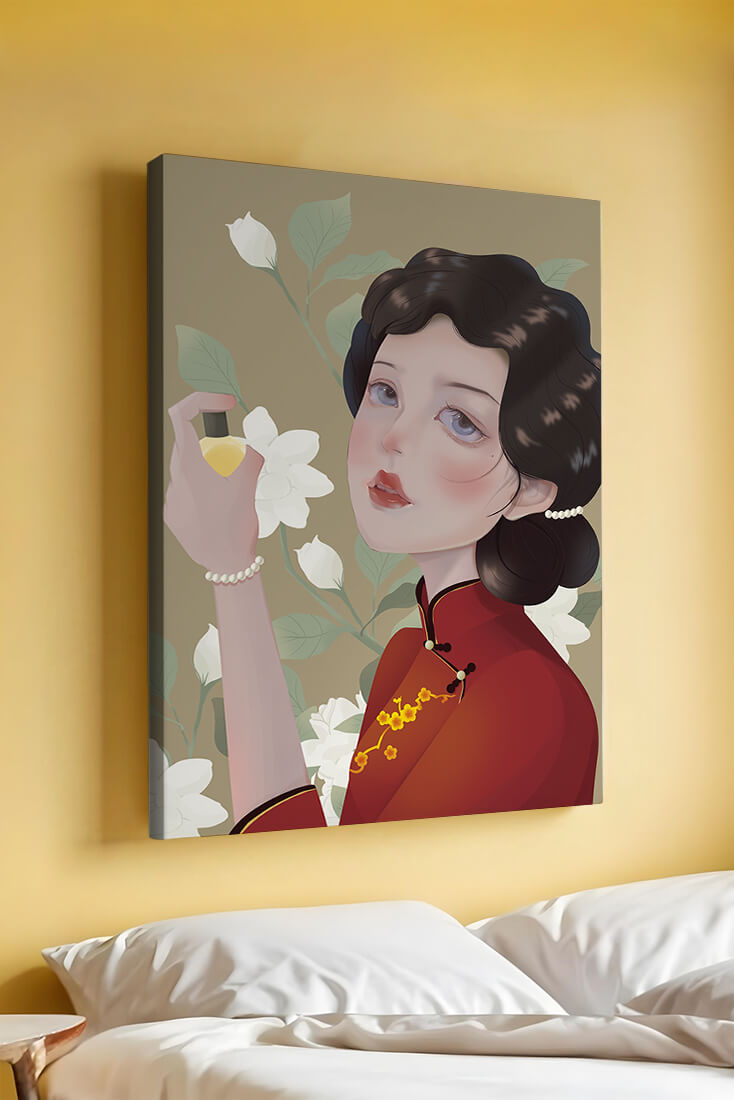 Captivating portrait of a woman in traditional attire with floral backdrop