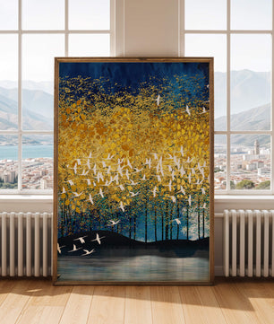 Vibrant Forest Landscape with Birds and Golden Leaves