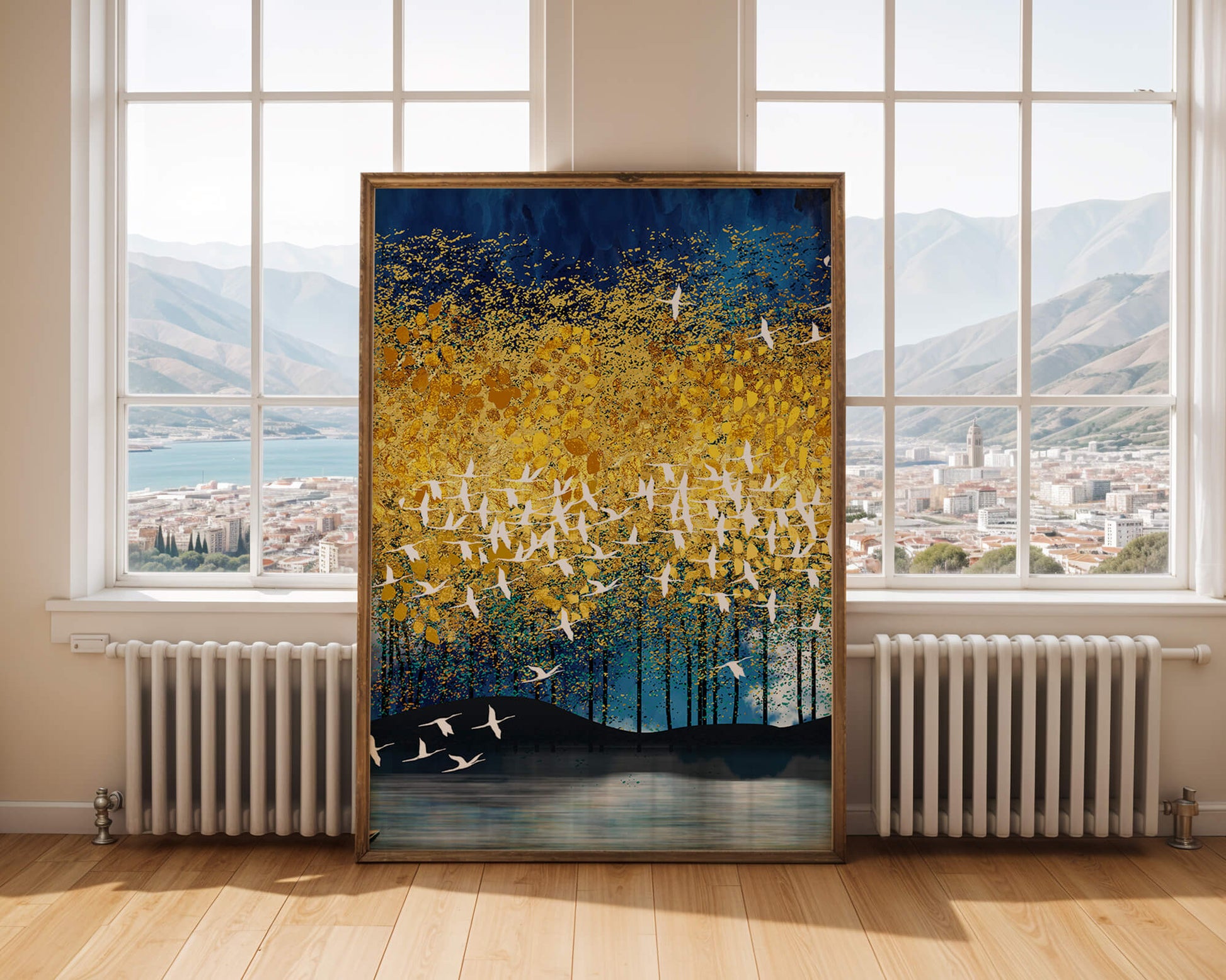 Vibrant Forest Landscape with Birds and Golden Leaves