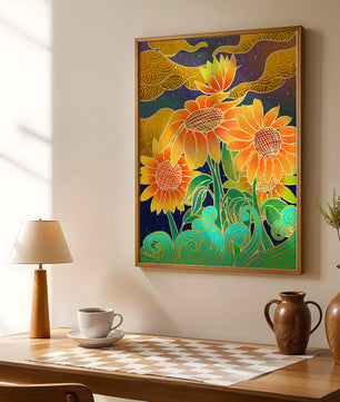 Vibrant sunflowers with intricate background patterns