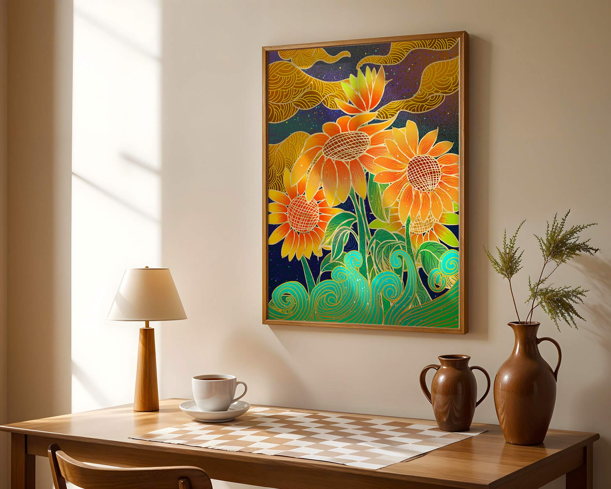 Vibrant sunflowers with intricate background patterns
