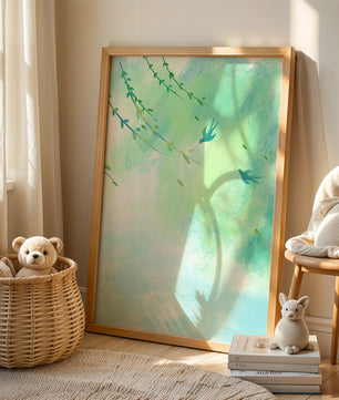 Serene Spring Scene with Birds and Leaves on a Light Blue Background