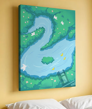 Serene River with Ducks and Birds in a Lush Landscape