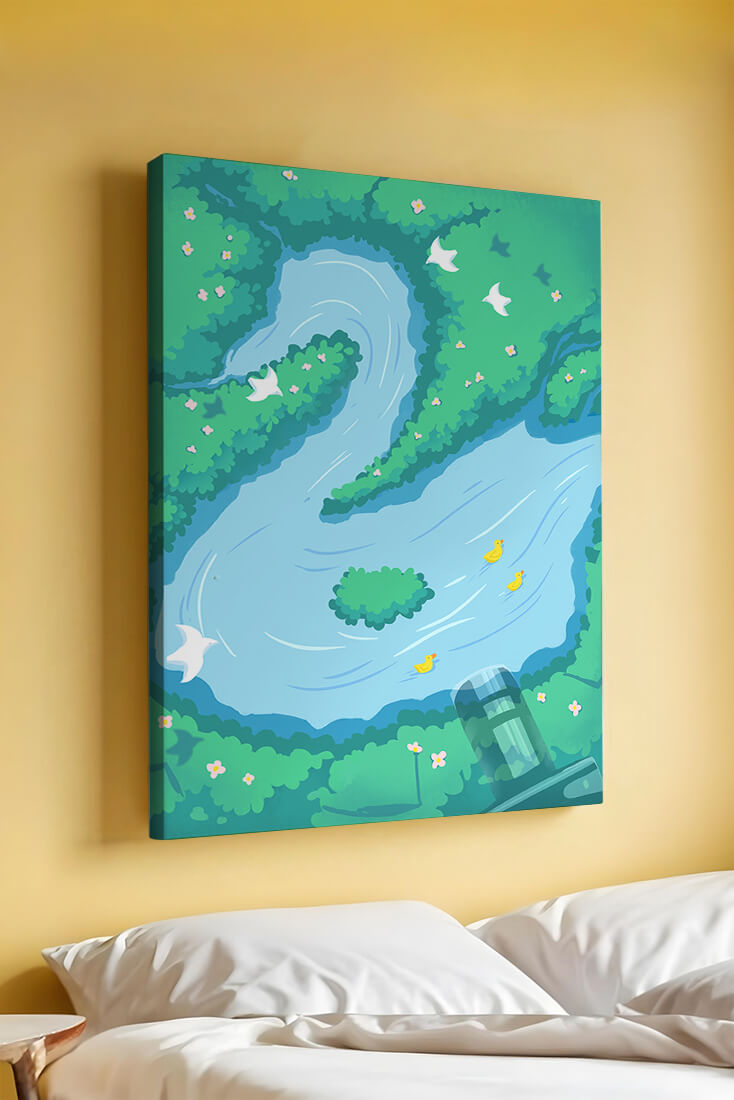 Río sereno con patos y aves en un paisaje exuberante