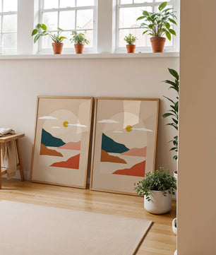 Paysage minimaliste avec montagnes et soleil