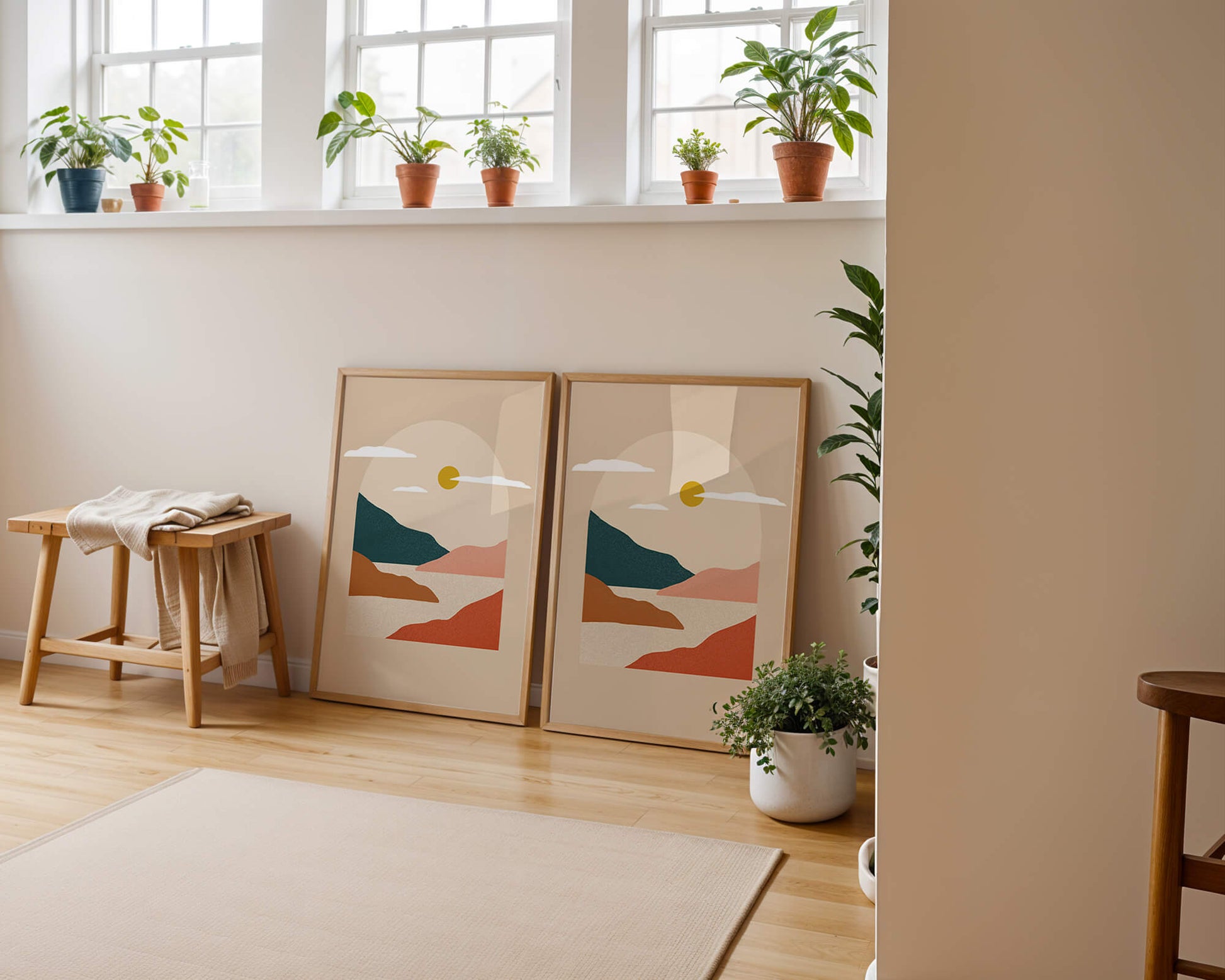 Paysage minimaliste avec montagnes et soleil