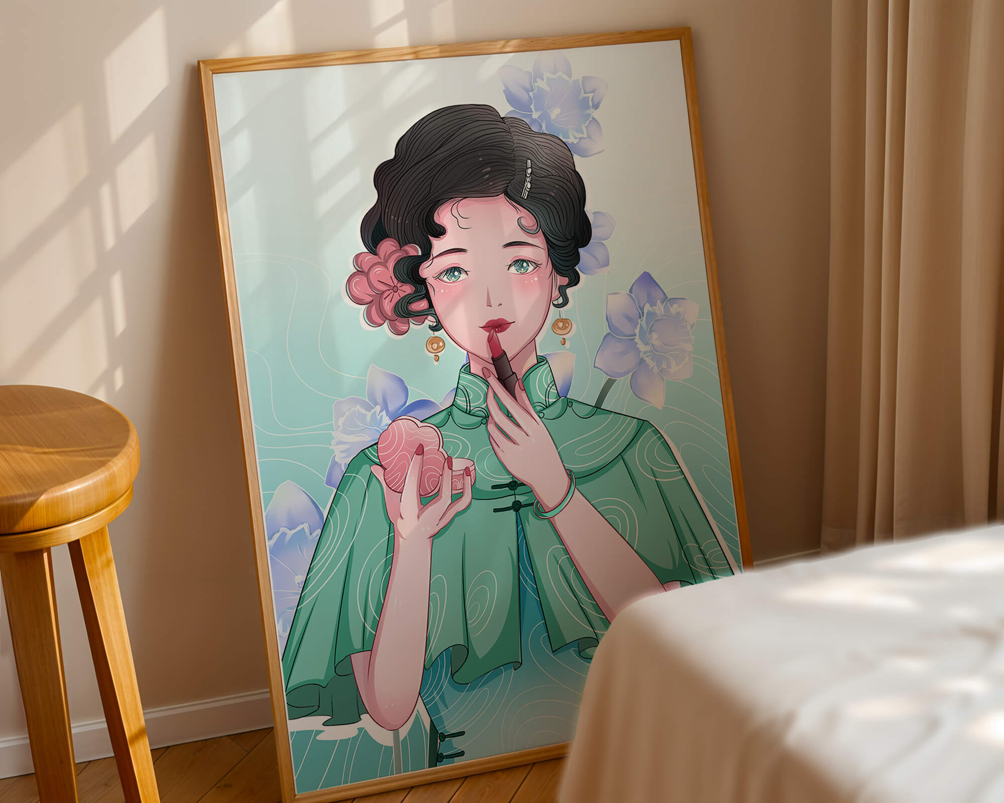 Woman applying lipstick with elegant floral background