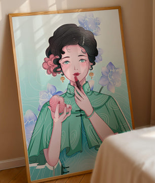 Woman applying lipstick with elegant floral background