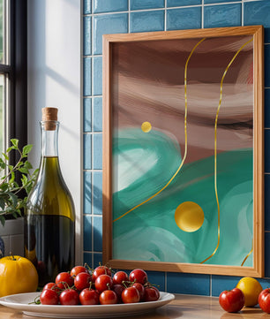 Composición abstracta con elementos dorados sobre fondo turquesa y marrón