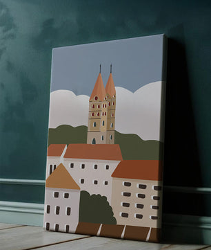 Ciudad europea encantadora con torres de iglesia y edificios coloridos