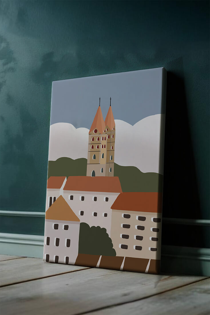 Charming European Cityscape with Church Towers and Colorful Buildings