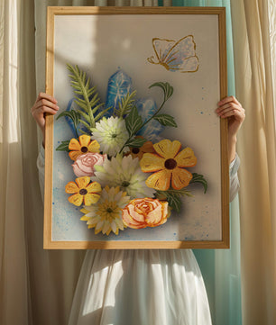 Floral and crystal arrangement with golden butterfly
