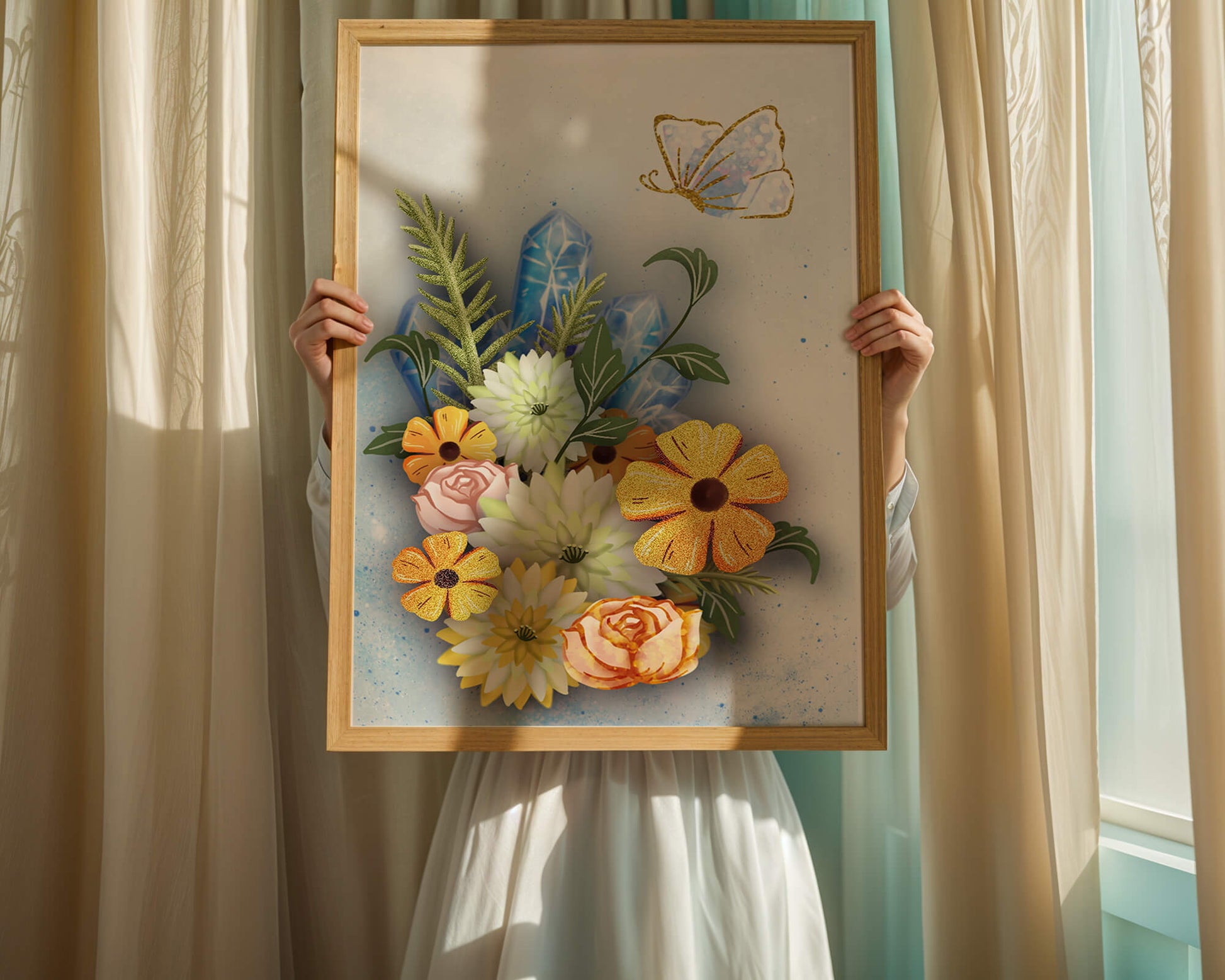 Floral and crystal arrangement with golden butterfly