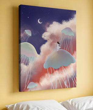 Dreamy Scene with Floating Jellyfish and Moonlit Sky