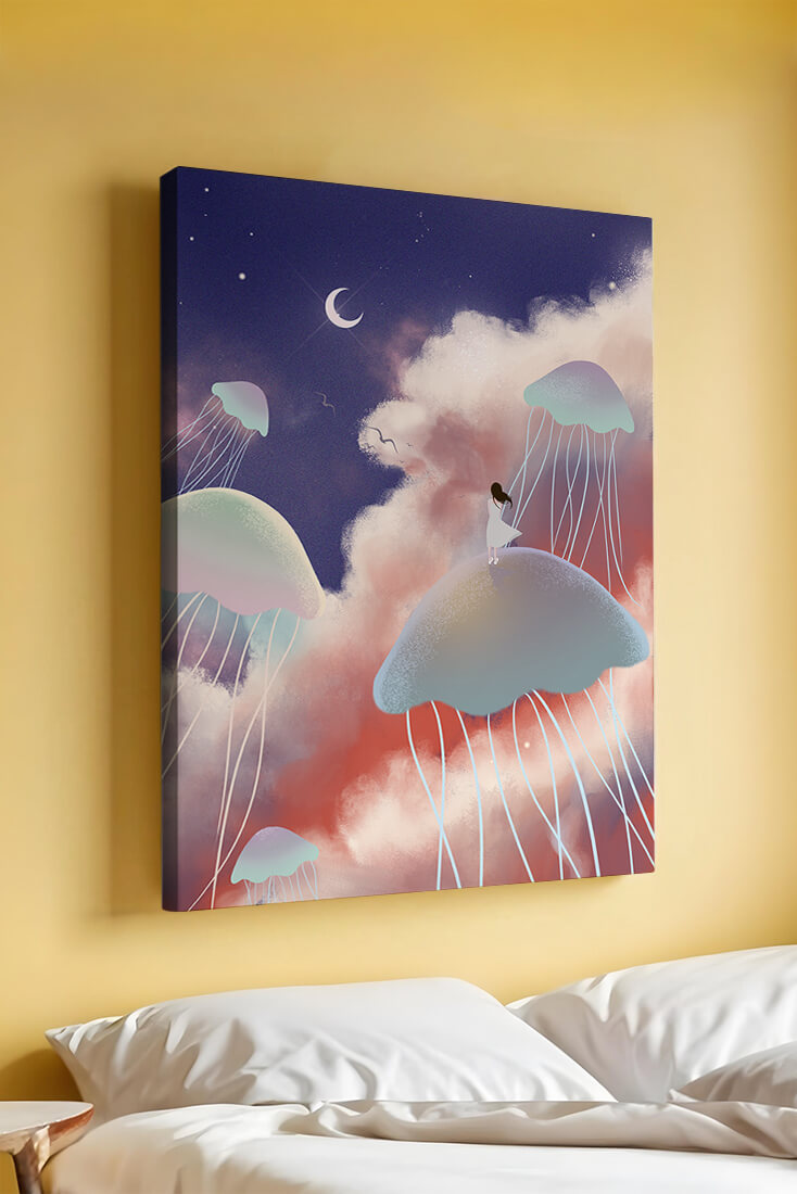 Dreamy Scene with Floating Jellyfish and Moonlit Sky