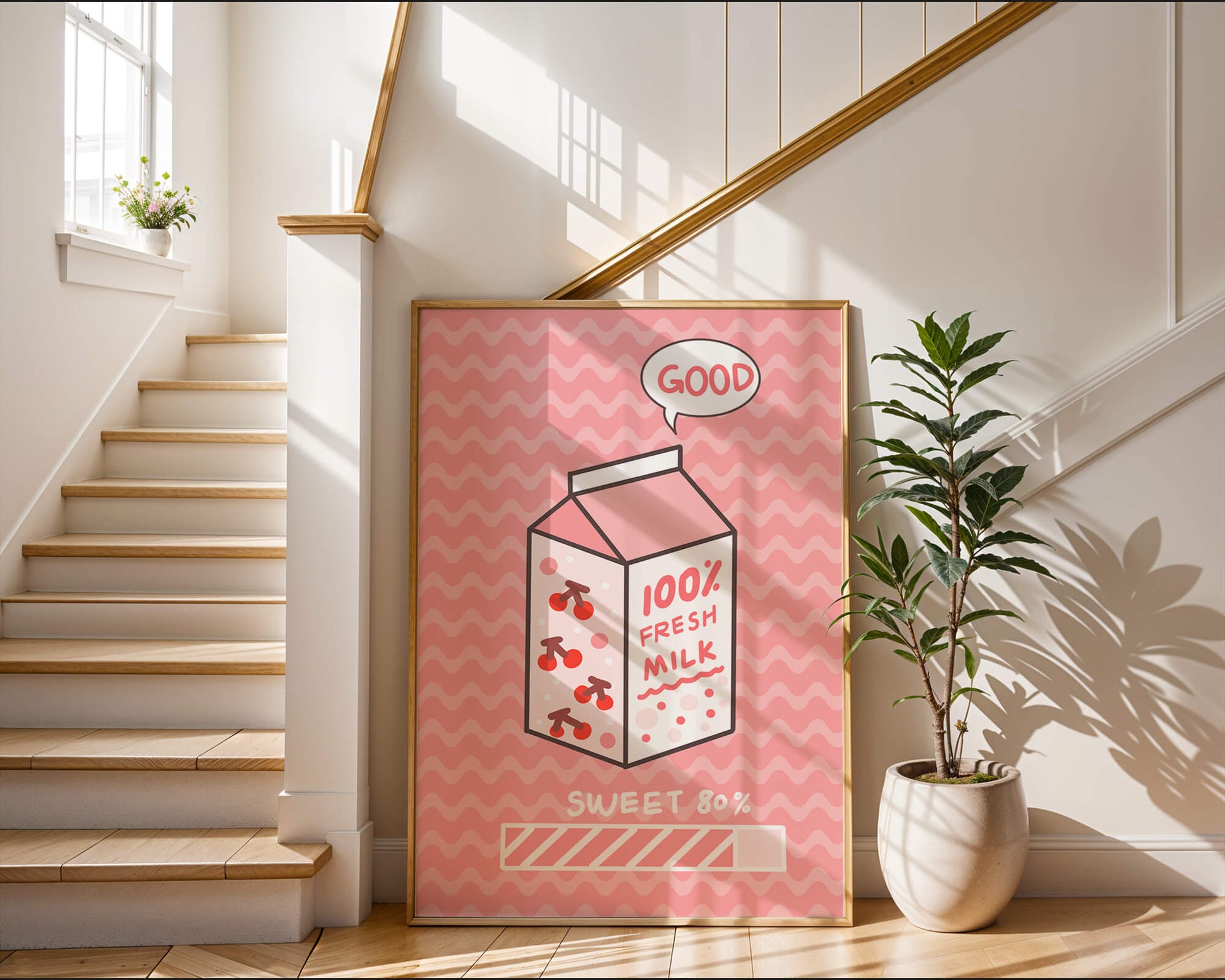 Playful illustration of milk carton with cherry design on pink background