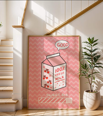Playful illustration of milk carton with cherry design on pink background
