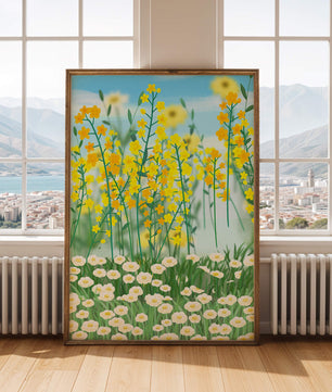 Frühlingwiese mit blühenden gelben und weißen Blumen