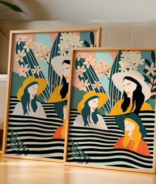 Illustration abstraite colorée de trois femmes avec des éléments floraux et botaniques