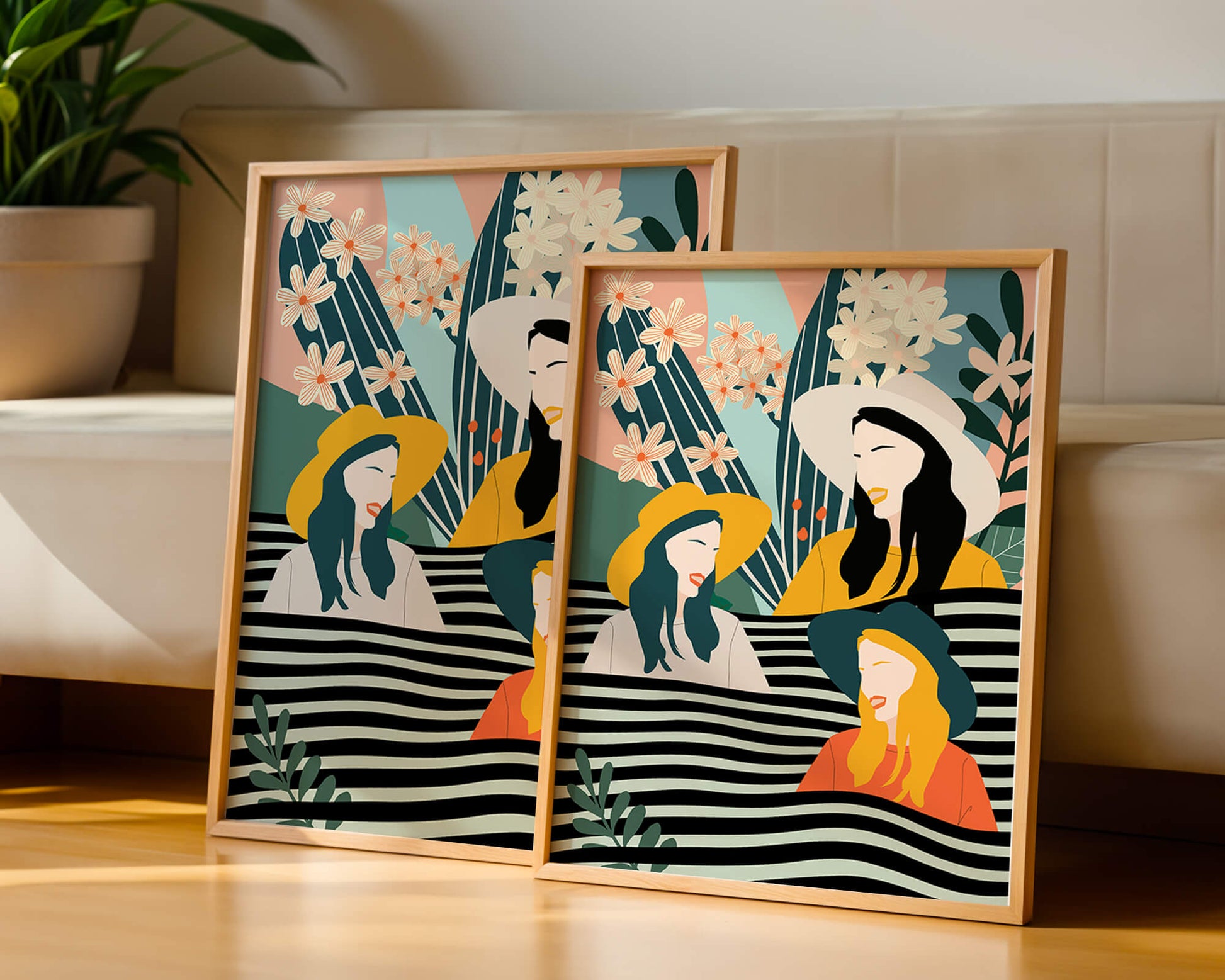 Illustration abstraite colorée de trois femmes avec des éléments floraux et botaniques