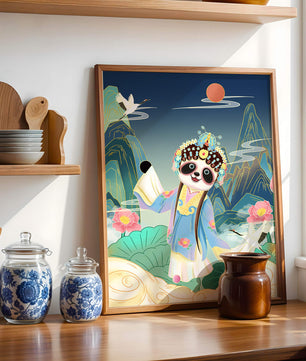 Charmanter Panda in traditioneller Tracht inmitten malerischer Berge und Kraniche