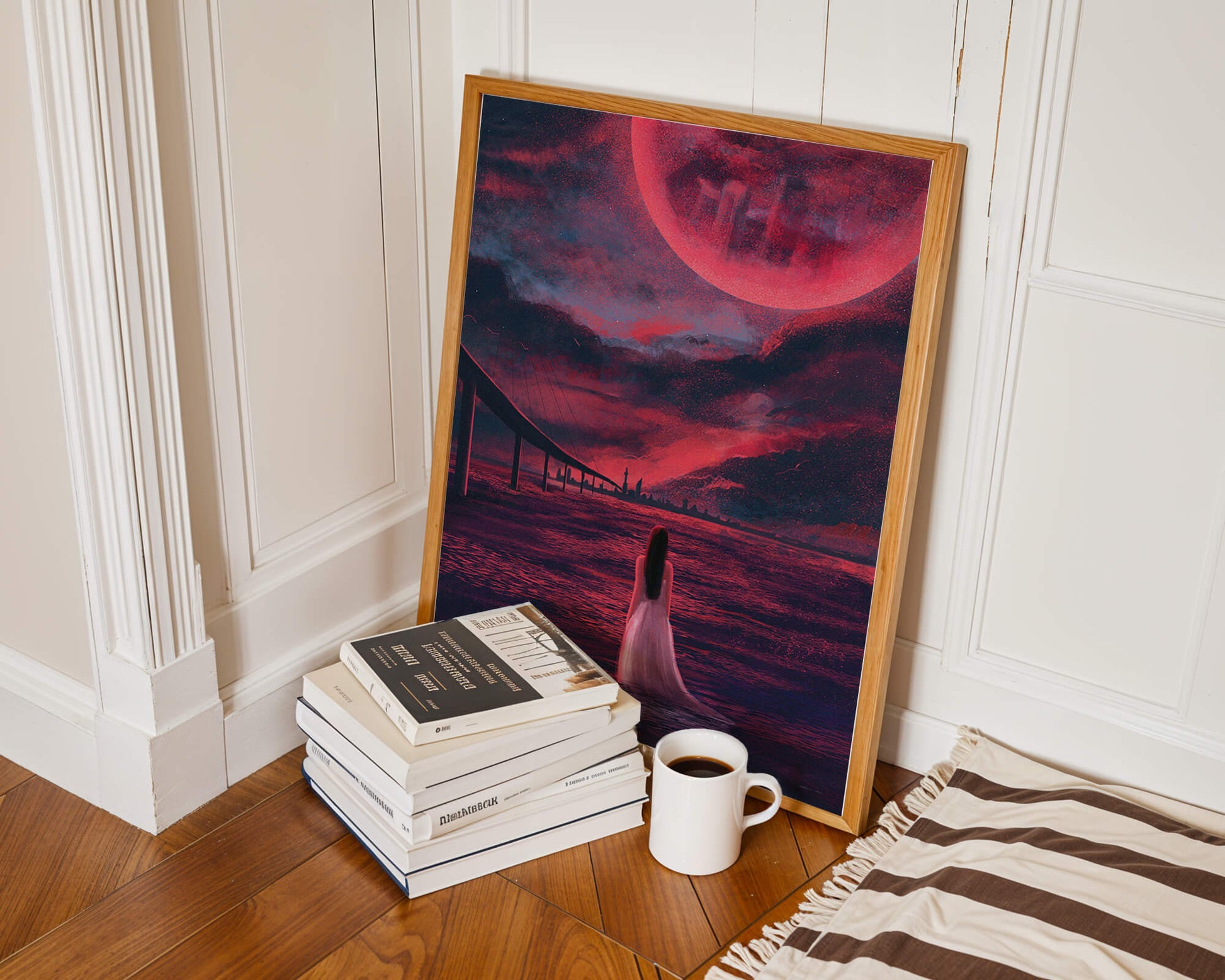 Dreamlike landscape with bridge and red night sky
