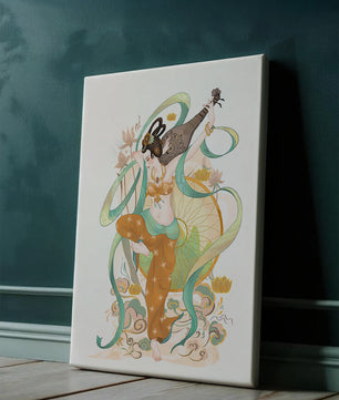 Elegant depiction of an Asian-inspired musician with floral and ribbon motifs
