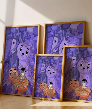 Whimsical forest scene with playful cartoon characters