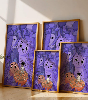 Whimsical forest scene with playful cartoon characters