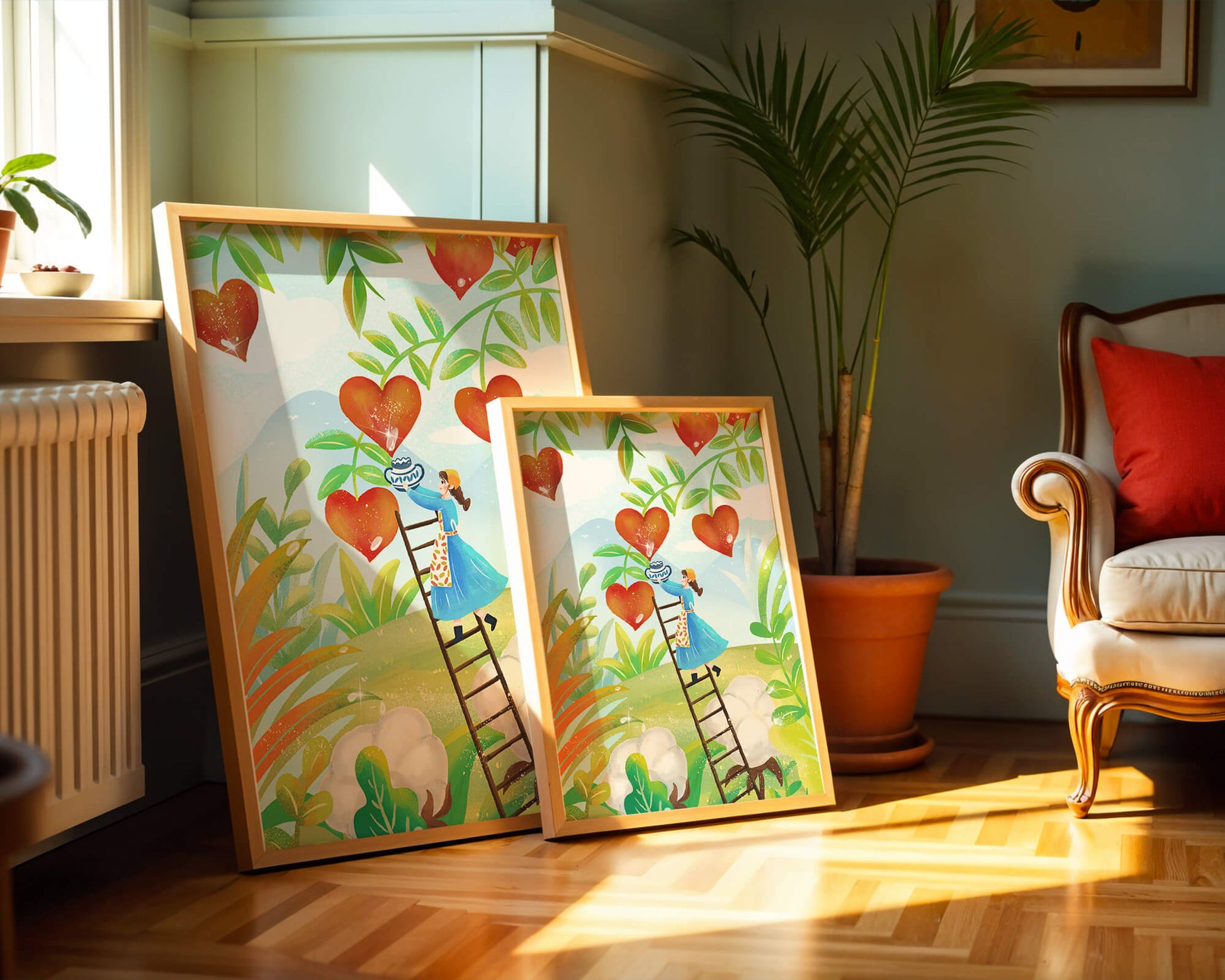 Mujer recolectando frutas en forma de corazón en el vibrante campo