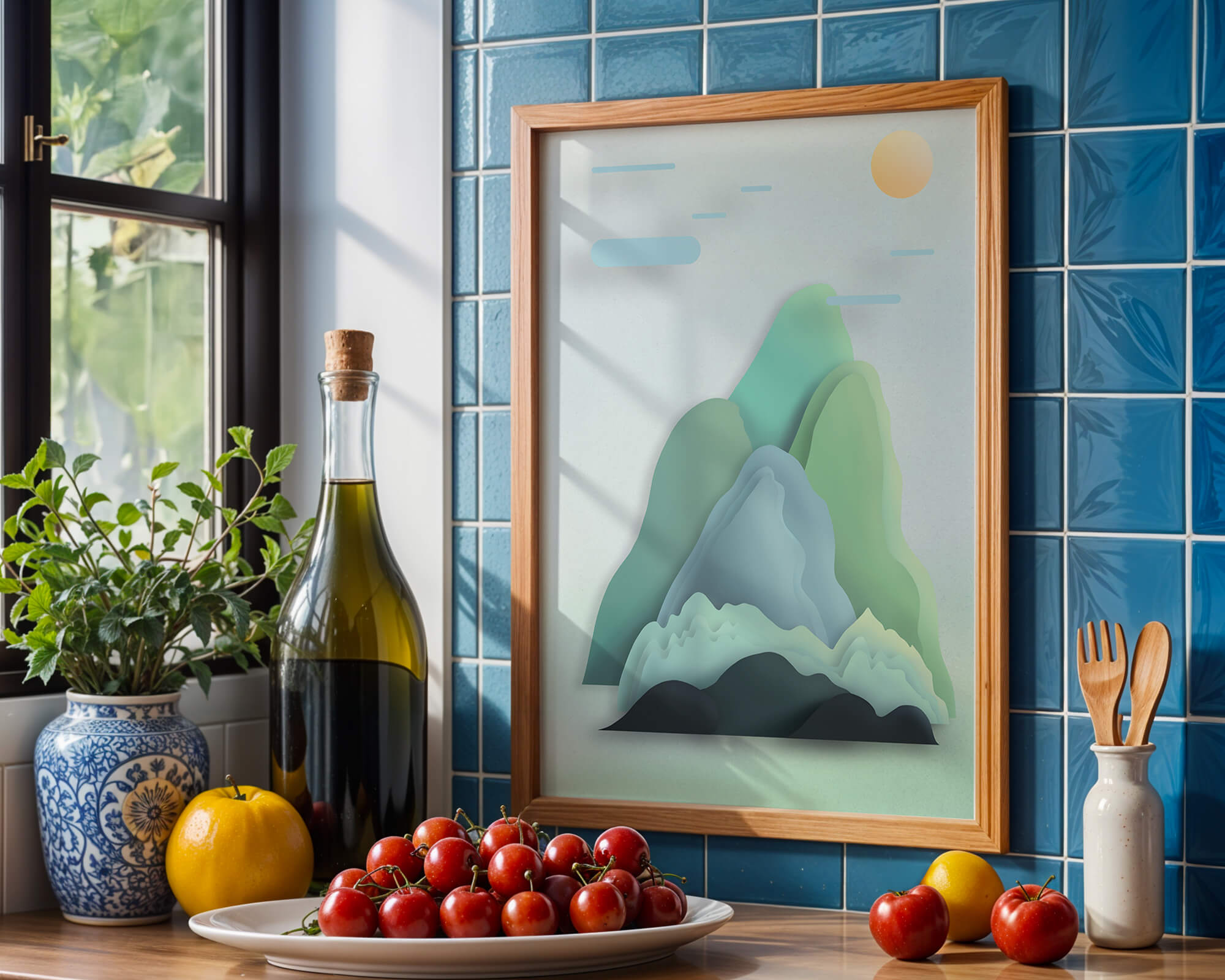 Minimalistic mountain landscape with vibrant colors and abstract layers