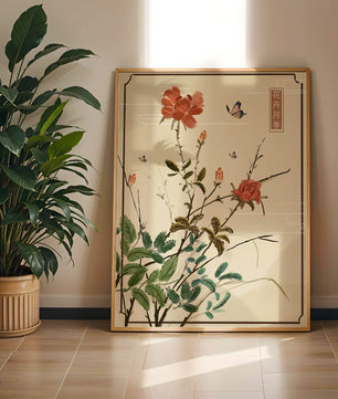 Delicate Floral Art with Red Flowers and Butterflies