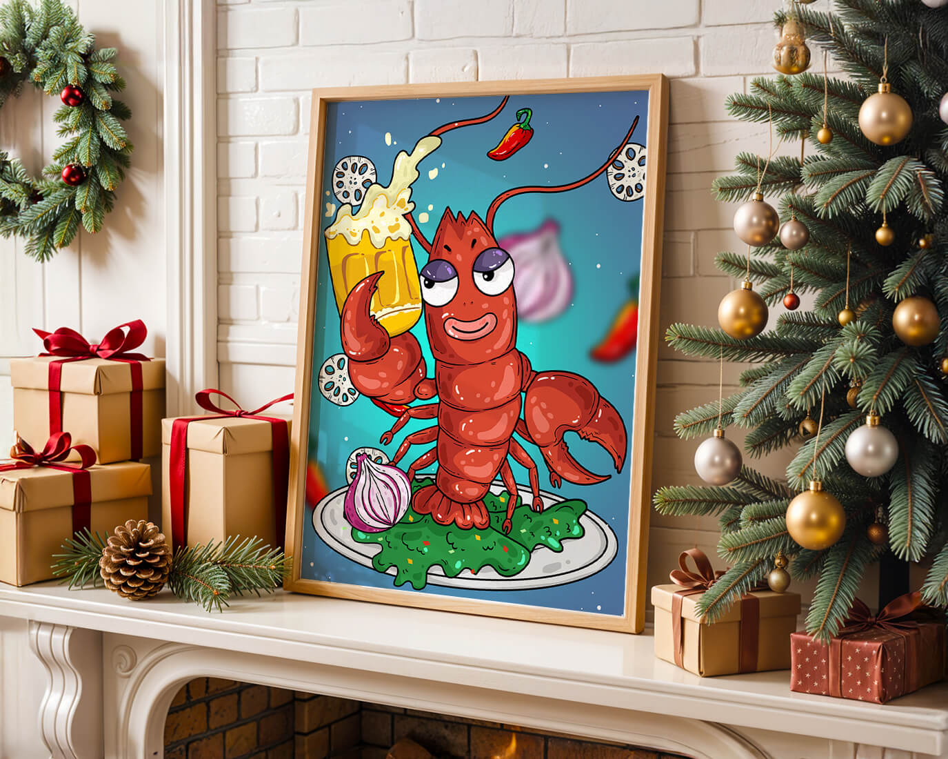 Playful cartoon lobster holding a beer in a whimsical setting