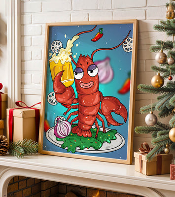 Playful cartoon lobster holding a beer in a whimsical setting