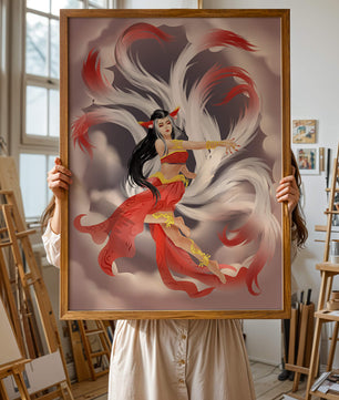 Graceful fantasy fox spirit with flowing tails and red attire in mystical clouds