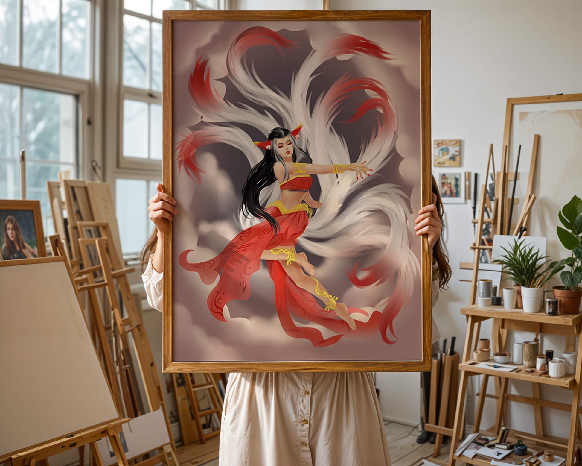Graceful fantasy fox spirit with flowing tails and red attire in mystical clouds