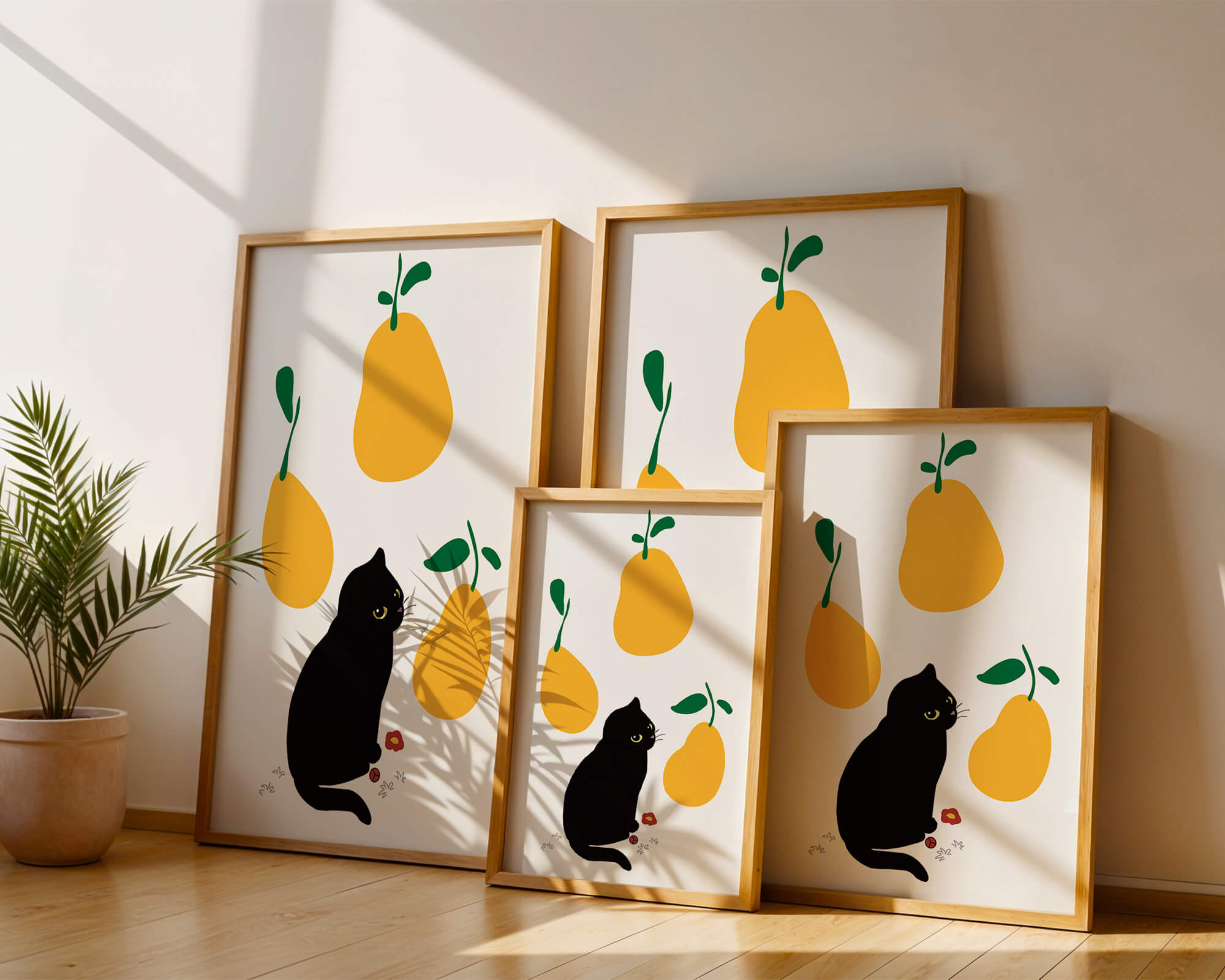 Illustration of black cat with yellow pears and green leaves
